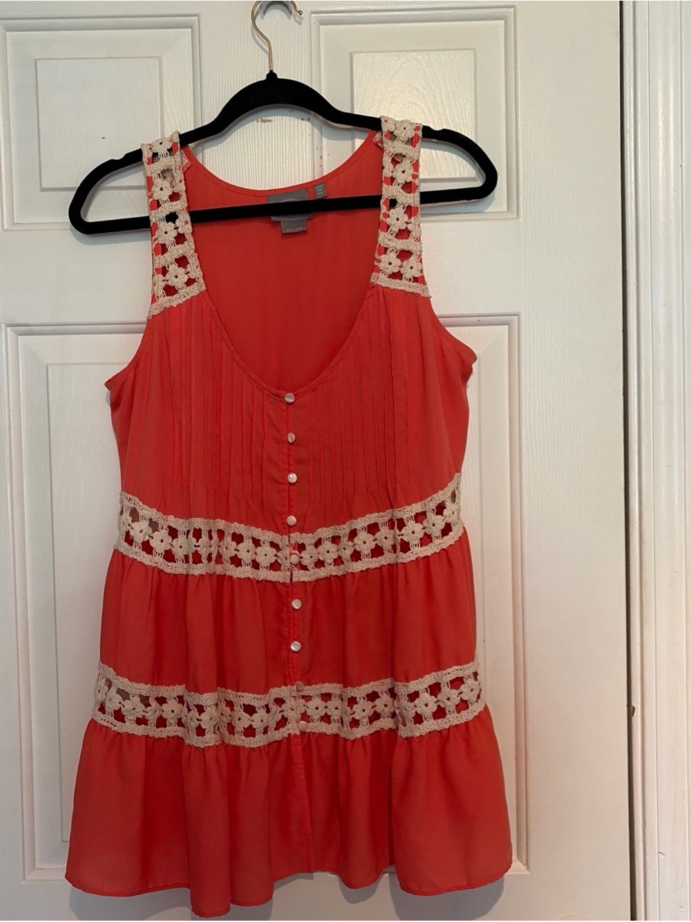 Coral Sleeveless Tunic with Cream Crochet Trim